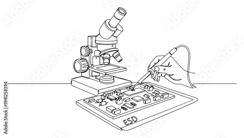 Electronic technician soldering circuit board under microscope in continuous line art style