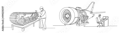 Military engineering maintenance with tank tracks repair and jet engine technician in continuous line art style