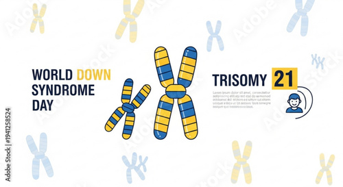 World down syndrome day awareness graphic with chromosomes and trisomy 21 text on white background