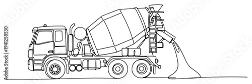 Construction concrete mixer truck pouring wet cement in continuous line art style
