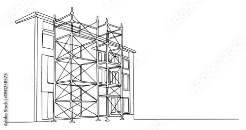Building facade under construction with metal scaffolding in continuous line art style