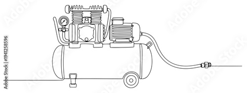 Industrial air compressor machine with pressure tank and hose in continuous line art style