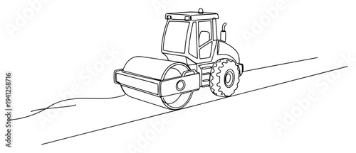 Heavy duty road roller machine on construction site in continuous line art style