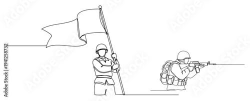 Patriotic military soldiers with flag and rifle in continuous line art style