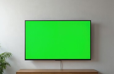 Modern flat screen television with a green screen hangs on a light gray wall over a wooden cabinet. The blank display offers ample copy space for custom graphics and advertising content.