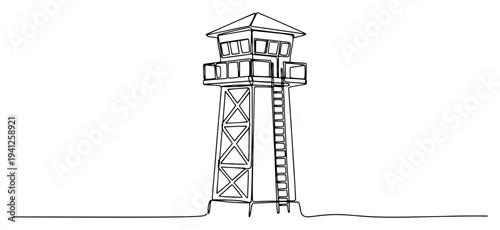 Security watchtower with ladder for observation in continuous line art style