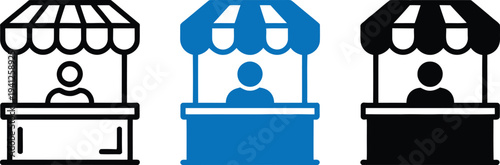 Collection of market stall icons in various colors representing different vending options for online and offline sales and retail businesses.