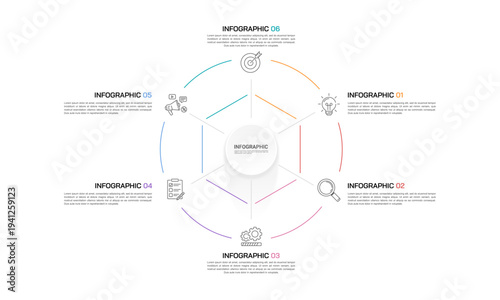 Six options circular diagram with central core for corporate structure. Vector illustration.