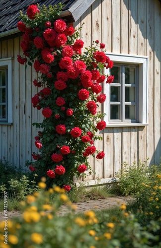 Red roses climb wooden house exterior wall near window. Green garden with yellow flowers grows nearby. Bright sunny day, charming cottage facade, natural beauty.