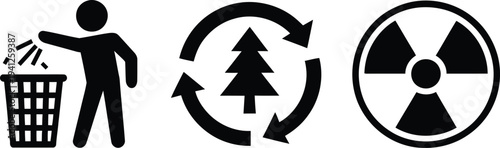 Waste management and environmental conservation symbols for recycling and nuclear waste disposal practices