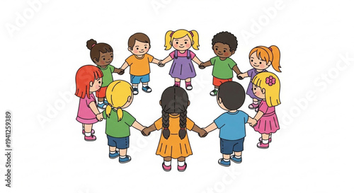 Diverse group of children holding hands in a circle friendship and unity concept
