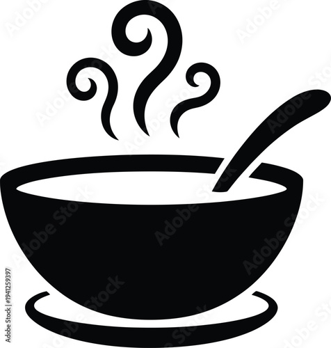 Simple black and white graphic illustration of a steaming bowl of soup with a spoon in it on a saucer.