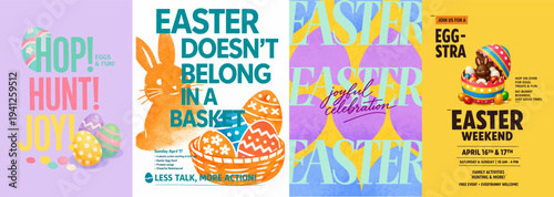 Easter vector poster collection with bunny, colorful eggs and festive typography. Spring holiday celebration design featuring egg hunt, joyful decorations and bright seasonal illustrations.