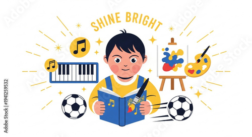 A young boy reading a book surrounded by creative hobbies and sports equipment