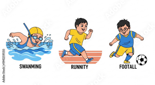 Kids engaging in various sports activities swimming running and playing football with enthusiasm and energy