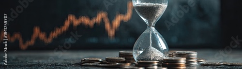 An hourglass with sand flowing is placed on coins, symbolizing the passage of time and the value of money or investment.