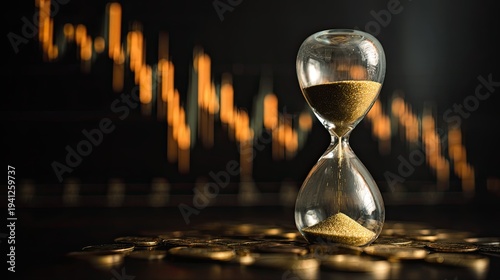 Wallpaper Mural An hourglass with flowing sand stands on coins, symbolizing time and money, with a blurred financial chart in the background. Torontodigital.ca