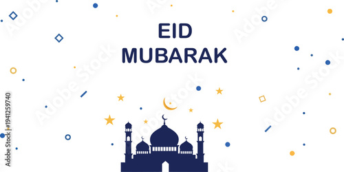 Eid Mubarak Mosque Illustration with Festive Lanterns and Confetti on White Background