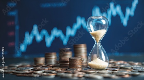 Wallpaper Mural An hourglass with sand and stacks of coins in front of a rising stock market graph, symbolizing time and financial growth. Torontodigital.ca