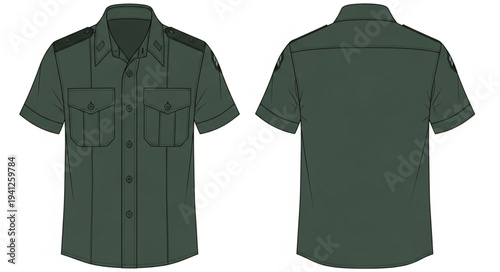 Olive Green Short Sleeve Shirt with Pockets and Epaulettes.