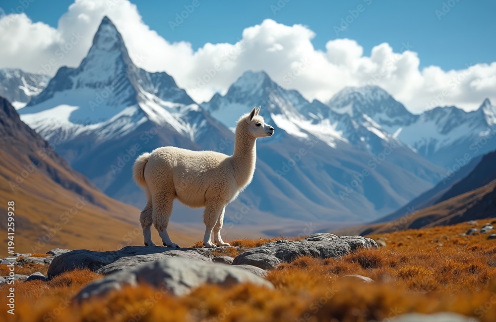Naklejka premium White alpaca stands on rocky ground with snowy Andes mountains behind. Autumnal dry grass covers the landscape under blue sky with clouds. This mammal lives in highland terrain.