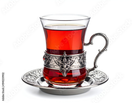 Elegant glass cup of dark tea in ornate metal holder on saucer