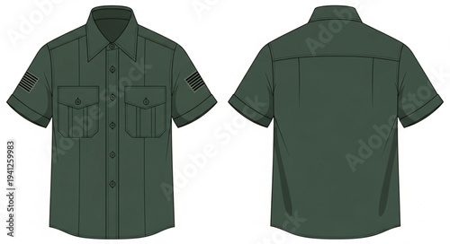Olive Green Short Sleeve Military Style Shirt Front and Back View.