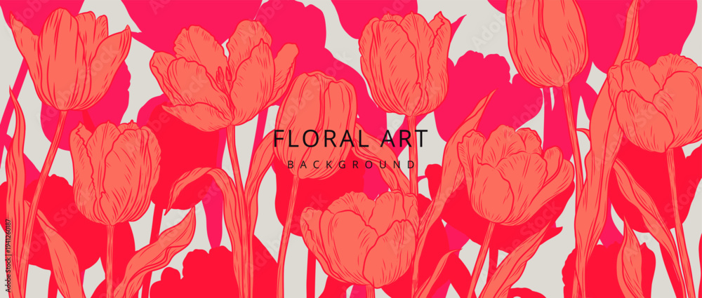 Naklejka premium Luxury floral red background with tulips. Vector design for banner, advertising, card, wall poster, flyer, wedding invitation, print, cover, wallpaper, packaging