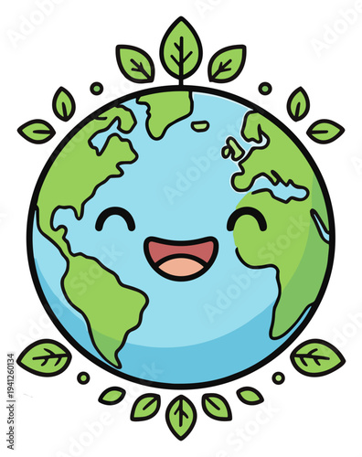 A charming and cheerful illustration of planet Earth, beaming with happiness and embraced by vibrant green leaves, symbolizing a sustainable and eco-friendly environment for a brighter future