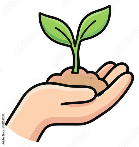 Hand cradling a fresh green plant seedling with soil, symbolizing new life, sustainable growth, environmental care, and the nurturing of nature's future