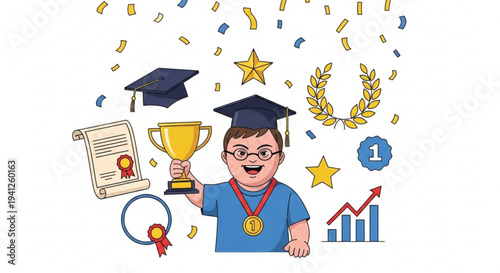 A cartoon man in a blue shirt and graduation cap holds a trophy surrounded by confetti stars and academic symbols celebrating achievement and success in education