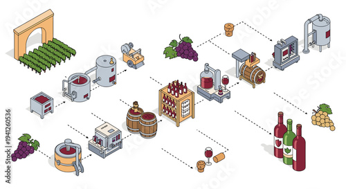 Detailed infographic illustrating the complete process of wine production from vineyard harvest to fermentation and bottling.