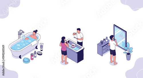 Daily morning hygiene routines including a person taking a bath, washing their face at a sink, and brushing their teeth.