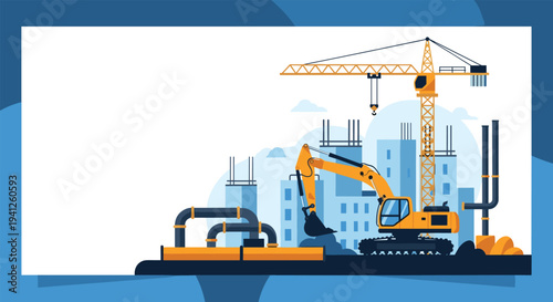 Construction site in progress featuring a yellow excavator, tall crane, and underground pipe installation for new buildings.