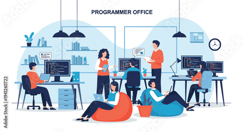 Busy programmers and developers work collaboratively in a modern office filled with computers and creative relaxation zones.