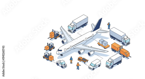 Global air cargo logistics operation showing a large airplane being loaded with freight by trucks and forklifts.