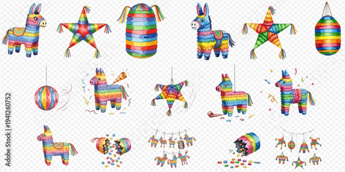 Set of colorful Mexican fiesta pinatas in various shapes and forms, including donkeys, stars, and eggs, with confetti for celebration.