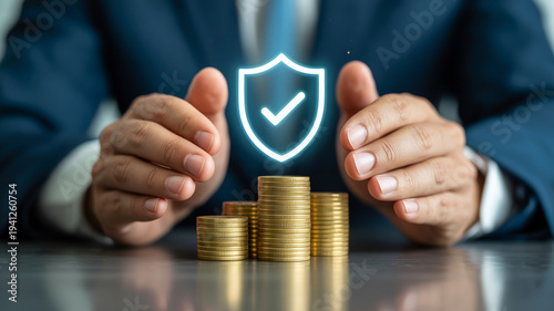 A businessman protects a stack of gold coins with a glowing shield symbol.