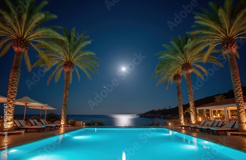Palm trees arch over a glowing blue pool at night. Moonlit sea meets distant shore, luxury resort relaxation. Tropical island vacation paradise.