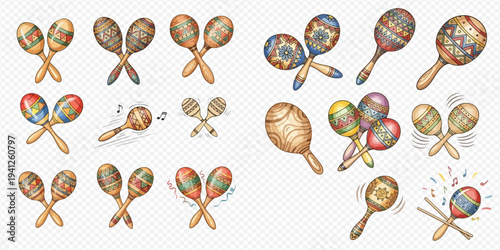 Collection of vibrant maracas in various designs, perfect for musical and festive themes, isolated on a transparent background.