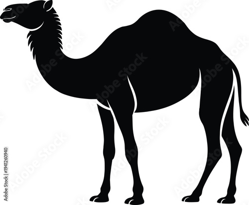 Simple black silhouette of a bactrian camel standing on four legs facing left with a plain white background