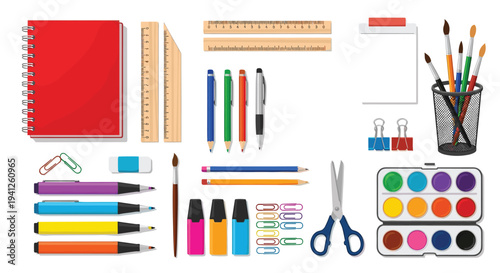 Extensive collection of essential school and art supplies including stationery, painting tools, and organizational accessories.