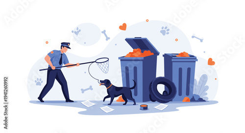 Animal control officer uses a net to safely capture a stray black dog in an urban area with overflowing trash bins.