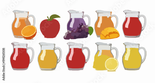Realistic juice jug vector set with colorful fruit juice glass pitchers isolated on white background