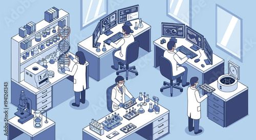 Dedicated scientists and researchers conduct advanced genetic studies in a high-tech laboratory with DNA models and microscopes.