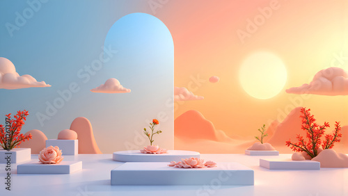 Soft pastel floral display platform stage with sunset sky, minimalist pedestal and delicate flowers creating serene atmosphere