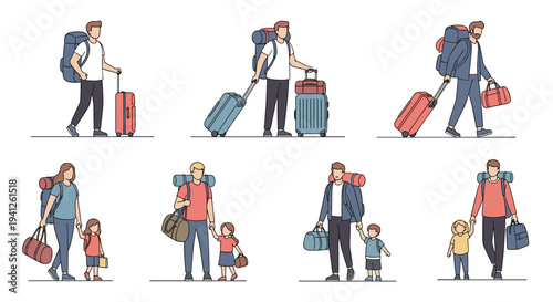 Diverse group of people and families prepared for travel with suitcases, backpacks, and excitement for their journey.