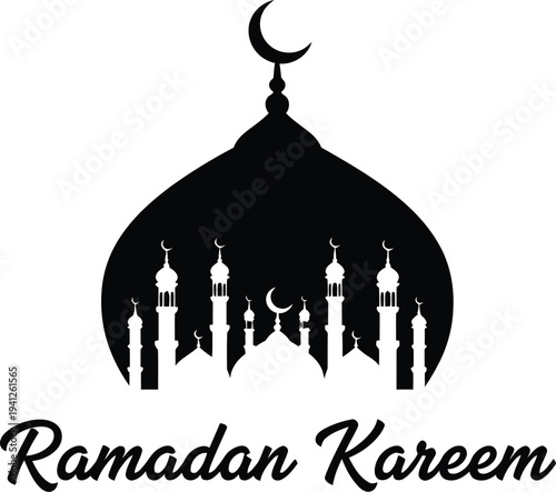 Silhouette of mosque with crescent moon symbolizing Ramadan Kareem celebration during Islamic holy month