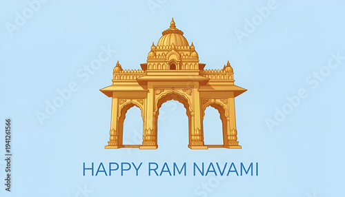 A golden arch structure, with light rays, and text 