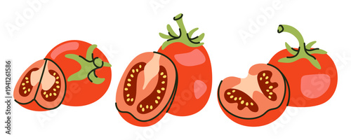 Fresh Whole and Sliced Red Tomatoes Set. Ripe vegetable halves and wedges illustration